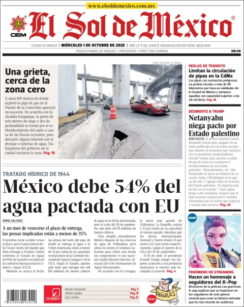 Portada de El Sol de Mexico del miércoles, 1 de octubre de 2025