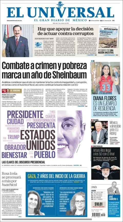 Portada de El Universal del miércoles, 1 de octubre de 2025