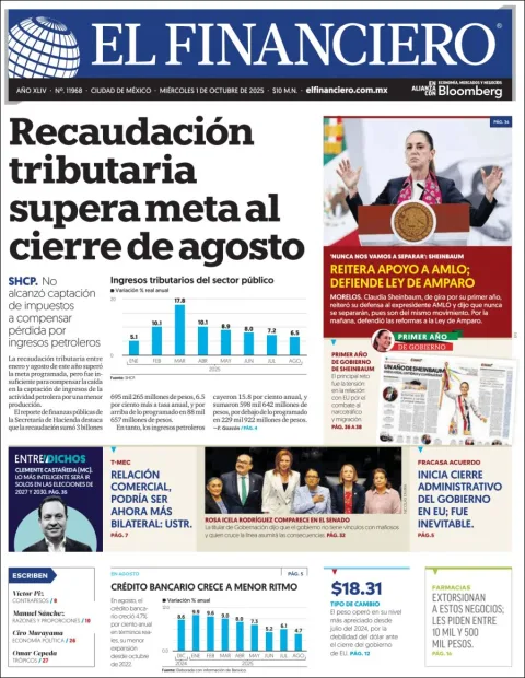 Portada de El Financiero del miércoles, 1 de octubre de 2025
