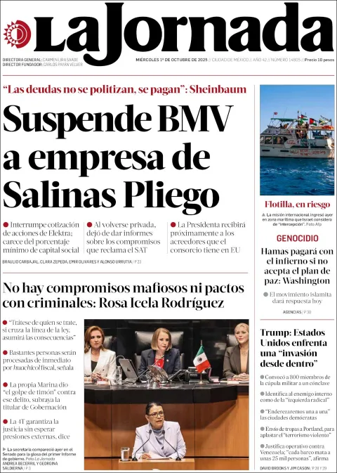 Portada de La Jornada del miércoles, 1 de octubre de 2025