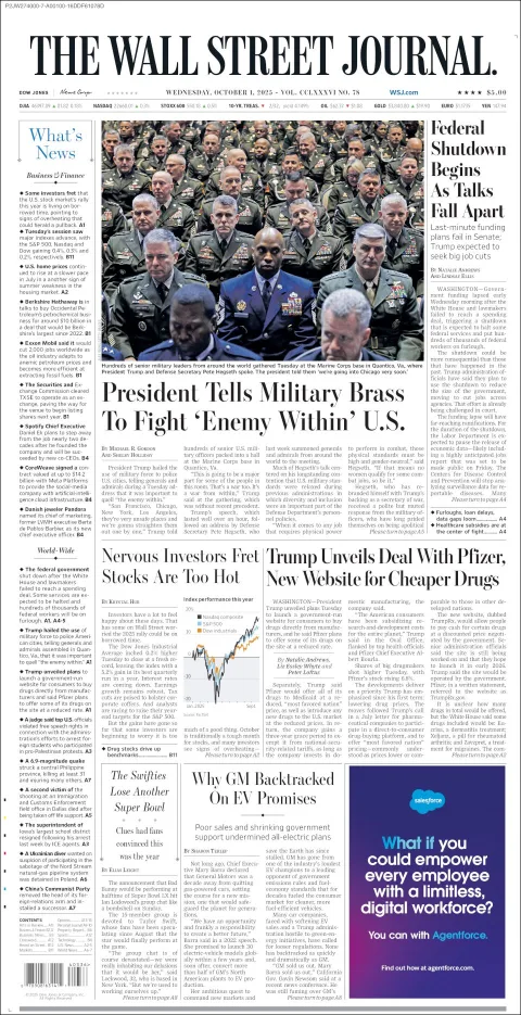 Portada de The Wall Street Journal del miércoles, 1 de octubre de 2025