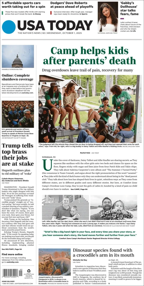 Portada de Usa Today del miércoles, 1 de octubre de 2025