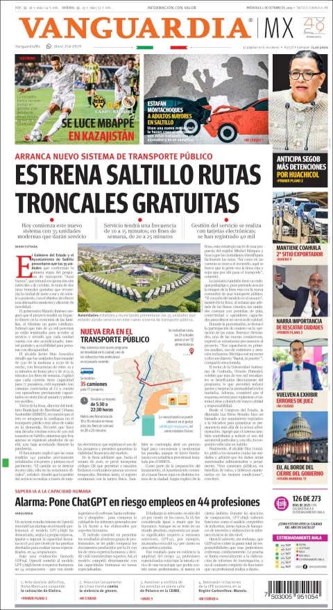 Portada de Vanguardia del miércoles, 1 de octubre de 2025