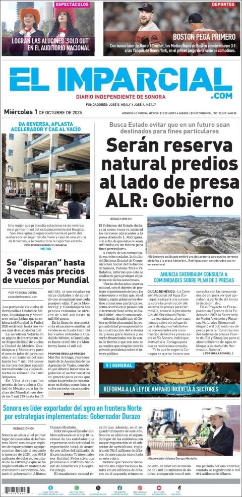 Portada de El Imparcial del miércoles, 1 de octubre de 2025