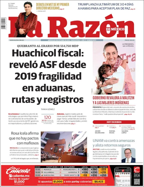 Portada de La Razon del miércoles, 1 de octubre de 2025