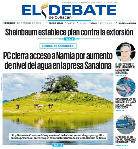 Portada de El Debate de Culiacan del miércoles, 1 de octubre de 2025
