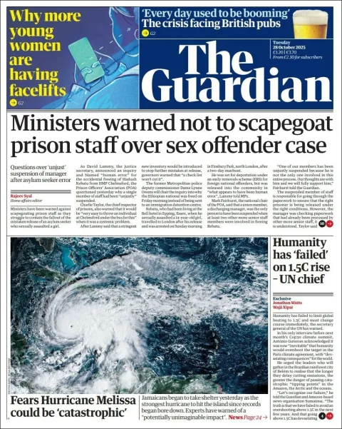 Portada de The Guardian (reino Unido) del martes, 28 de octubre de 2025
