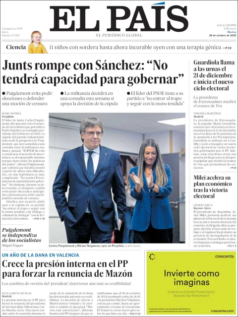 Portada de El Pais del martes, 28 de octubre de 2025