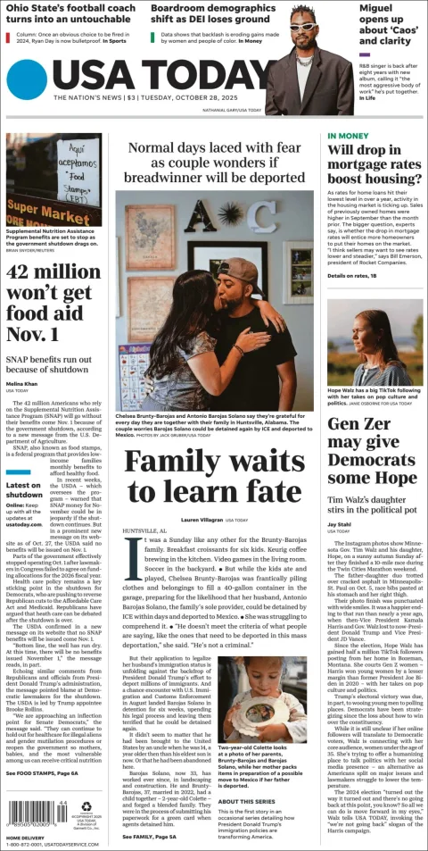 Portada de Usa Today del martes, 28 de octubre de 2025