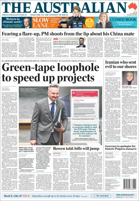 Portada de The Australian del martes, 28 de octubre de 2025