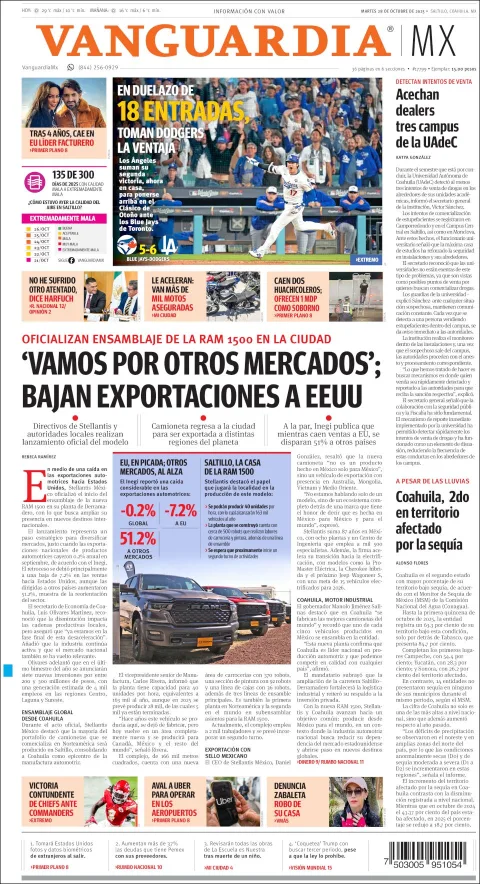 Portada de Vanguardia del martes, 28 de octubre de 2025