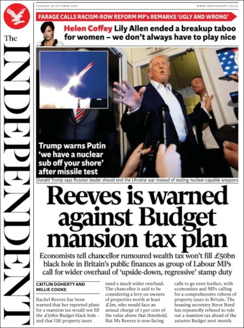 Portada de The Independent del martes, 28 de octubre de 2025