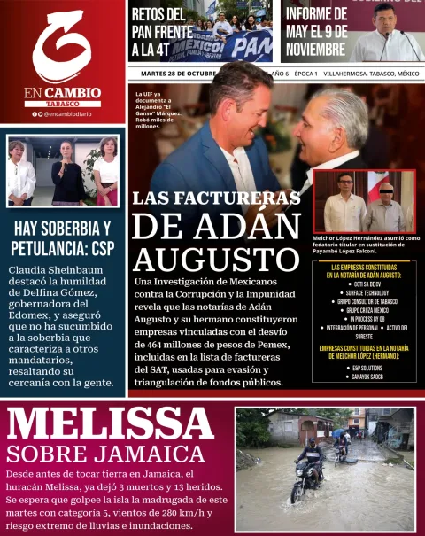 Portada de En Cambio - Tabasco (portada) del martes, 28 de octubre de 2025
