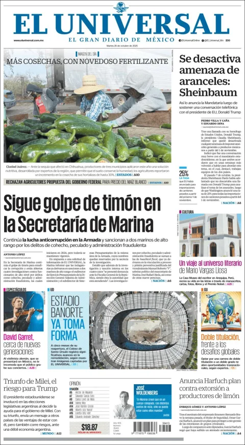 Portada de El Universal del martes, 28 de octubre de 2025