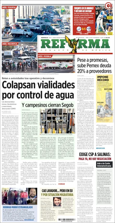 Portada de Reforma del martes, 28 de octubre de 2025