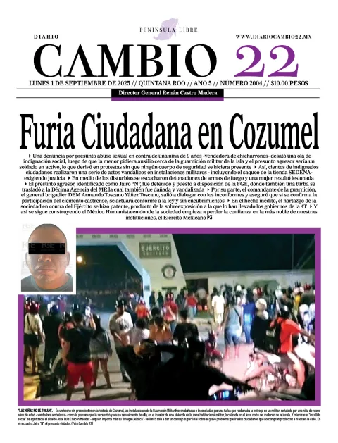 Portada de Diario Cambio 22 (portada) del lunes, 1 de septiembre de 2025