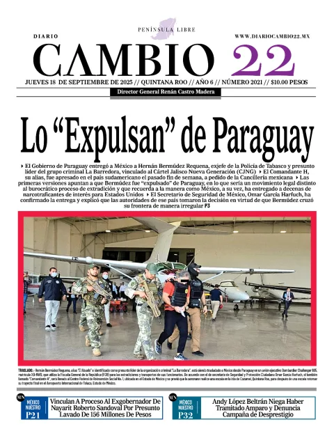 Portada de Diario Cambio 22 (contraportada) del jueves, 18 de septiembre de 2025