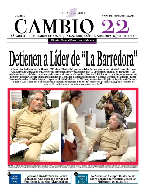 Portada de Diario Cambio 22 (portada) del sábado, 13 de septiembre de 2025