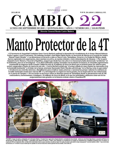 Portada de Diario Cambio 22 (portada) del lunes, 8 de septiembre de 2025