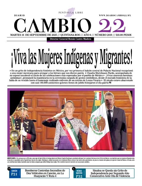 Portada de Diario Cambio 22 (portada) del martes, 16 de septiembre de 2025