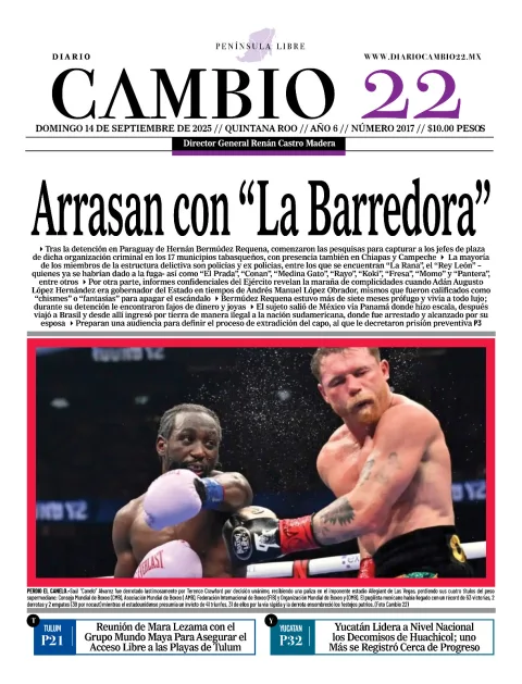 Portada de Diario Cambio 22 (portada) del domingo, 14 de septiembre de 2025