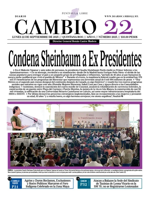 Portada de Diario Cambio 22 (portada) del lunes, 22 de septiembre de 2025