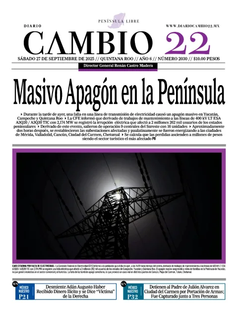 Portada de Diario Cambio 22 (portada) del sábado, 27 de septiembre de 2025