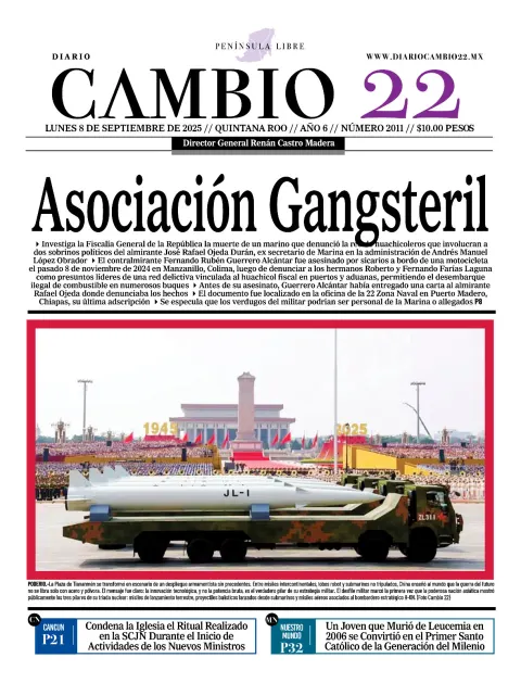 Portada de Diario Cambio 22 (contraportada) del lunes, 8 de septiembre de 2025