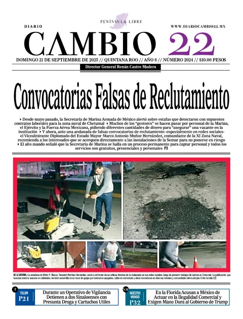 Portada de Diario Cambio 22 (contraportada) del domingo, 21 de septiembre de 2025