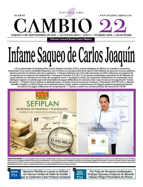 Portada de Diario Cambio 22 (portada) del sábado, 6 de septiembre de 2025