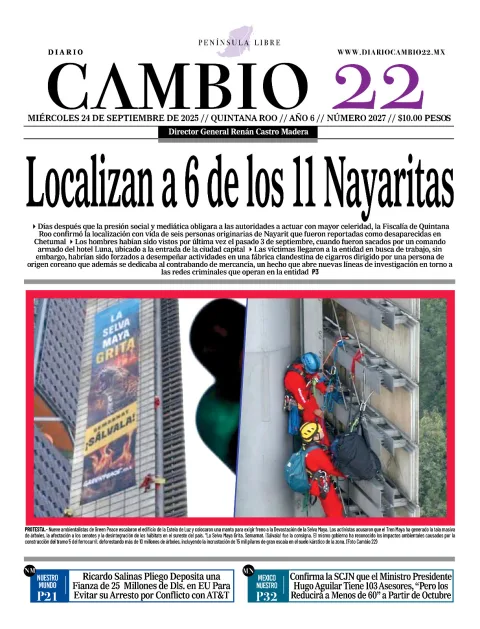 Portada de Diario Cambio 22 (contraportada) del miércoles, 24 de septiembre de 2025