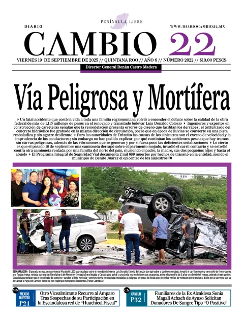Portada de Diario Cambio 22 (portada) del viernes, 19 de septiembre de 2025