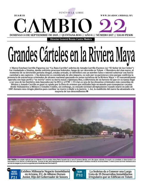 Portada de Diario Cambio 22 (contraportada) del domingo, 14 de septiembre de 2025