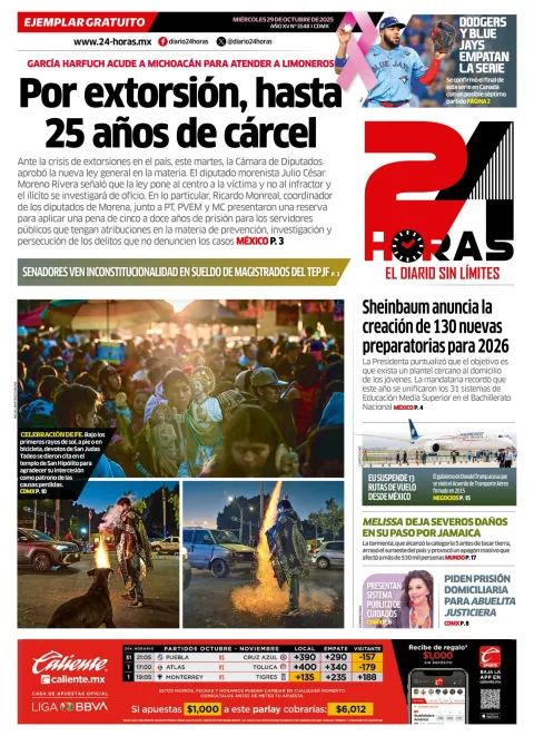 Portada de 24 Horas del miércoles, 29 de octubre de 2025