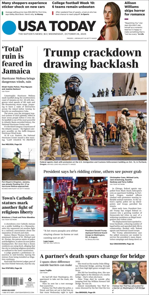 Portada de Usa Today del miércoles, 29 de octubre de 2025