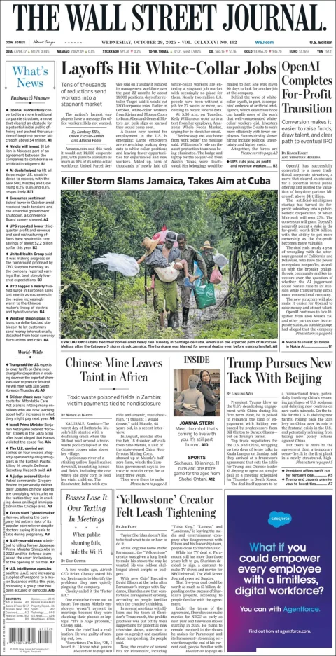 Portada de The Wall Street Journal del miércoles, 29 de octubre de 2025
