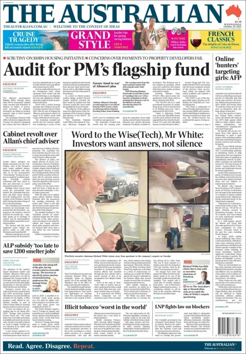Portada de The Australian del miércoles, 29 de octubre de 2025