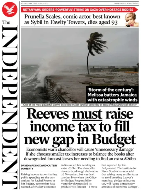 Portada de The Independent del miércoles, 29 de octubre de 2025