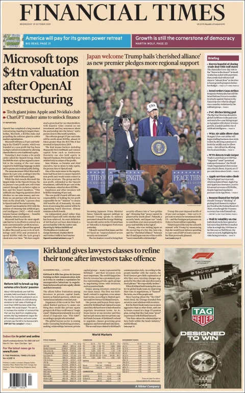 Portada de Financial Times del miércoles, 29 de octubre de 2025
