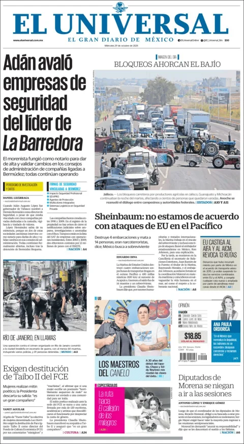 Portada de El Universal del miércoles, 29 de octubre de 2025