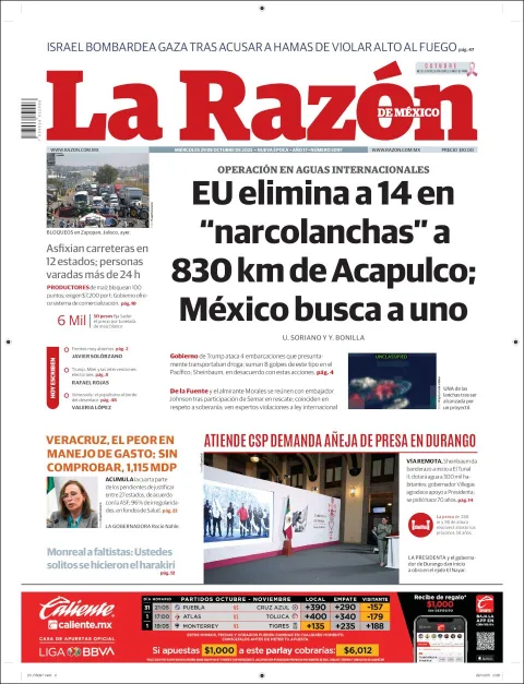 Portada de La Razon del miércoles, 29 de octubre de 2025