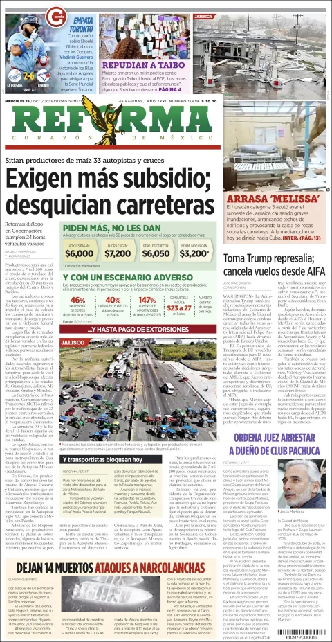 Portada de Reforma del miércoles, 29 de octubre de 2025