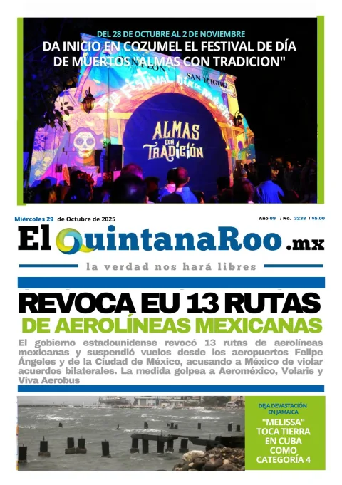 Portada de El Quintana Roo (portada) del miércoles, 29 de octubre de 2025