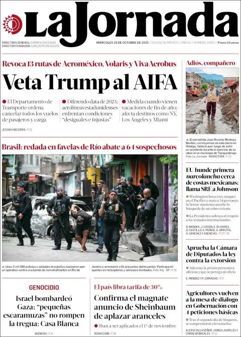 Portada de La Jornada del miércoles, 29 de octubre de 2025