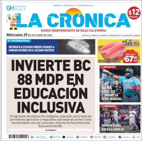 Portada de La Cronica del miércoles, 29 de octubre de 2025