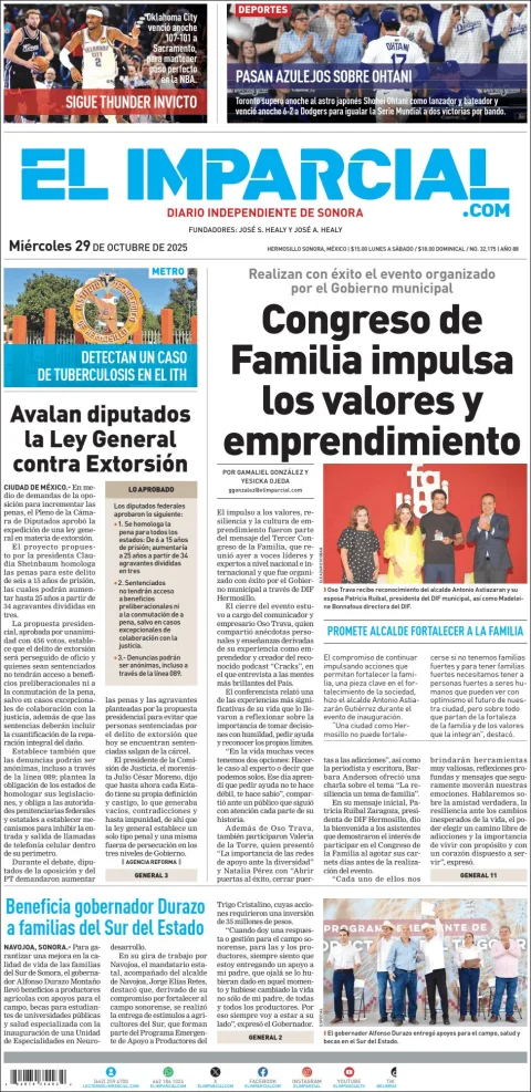 Portada de El Imparcial del miércoles, 29 de octubre de 2025