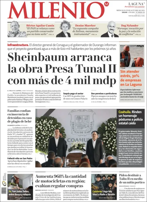 Portada de Milenio Laguna del miércoles, 29 de octubre de 2025