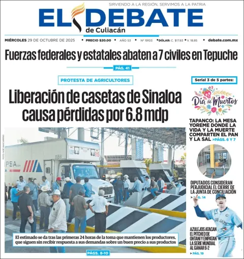 Portada de El Debate de Culiacan del miércoles, 29 de octubre de 2025
