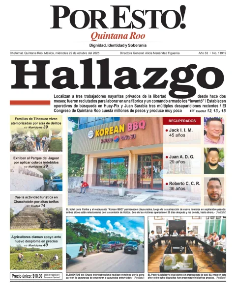 Portada de Por Esto (quintana Roo Chetumal) del miércoles, 29 de octubre de 2025