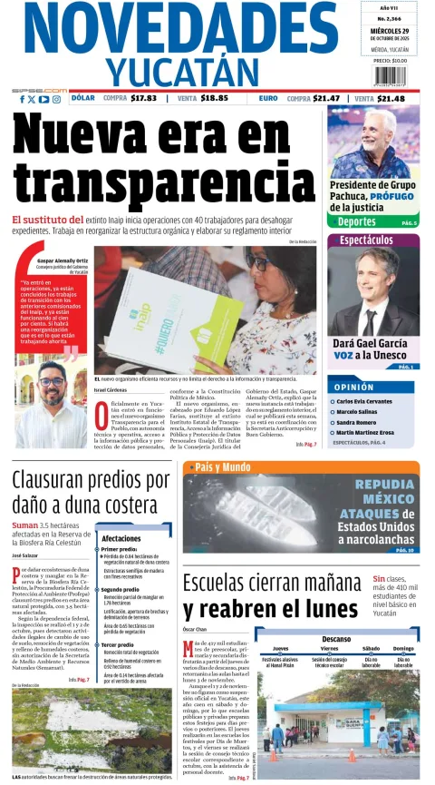Portada de Novedades Yucatan del miércoles, 29 de octubre de 2025